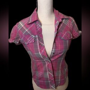 Wet Seal Pink and Gray Plaid Button-Down Shirt